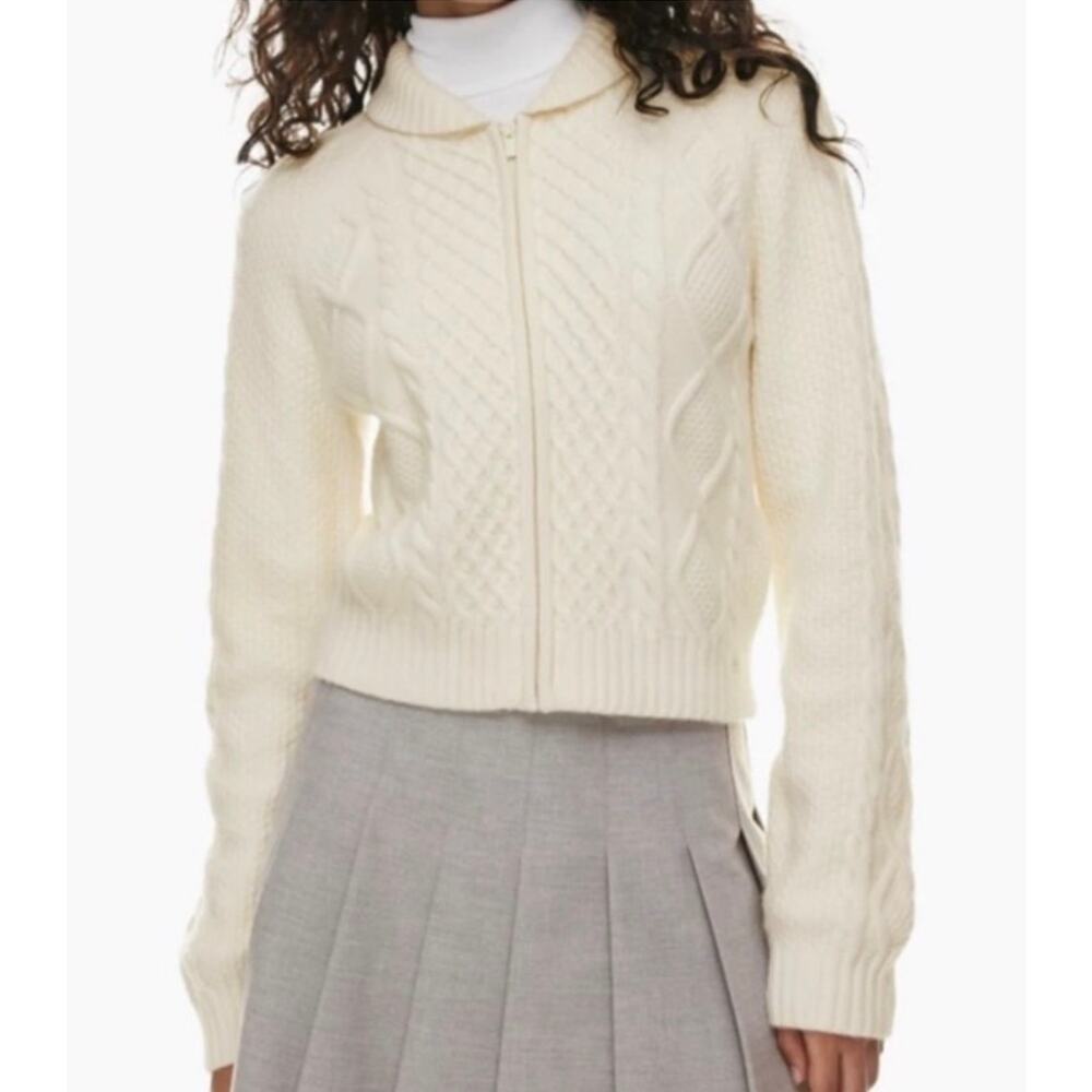 Aritzia Sunday Best Gigi Sweater Merino Wool Cable Knit Zip Cardigan Preppy